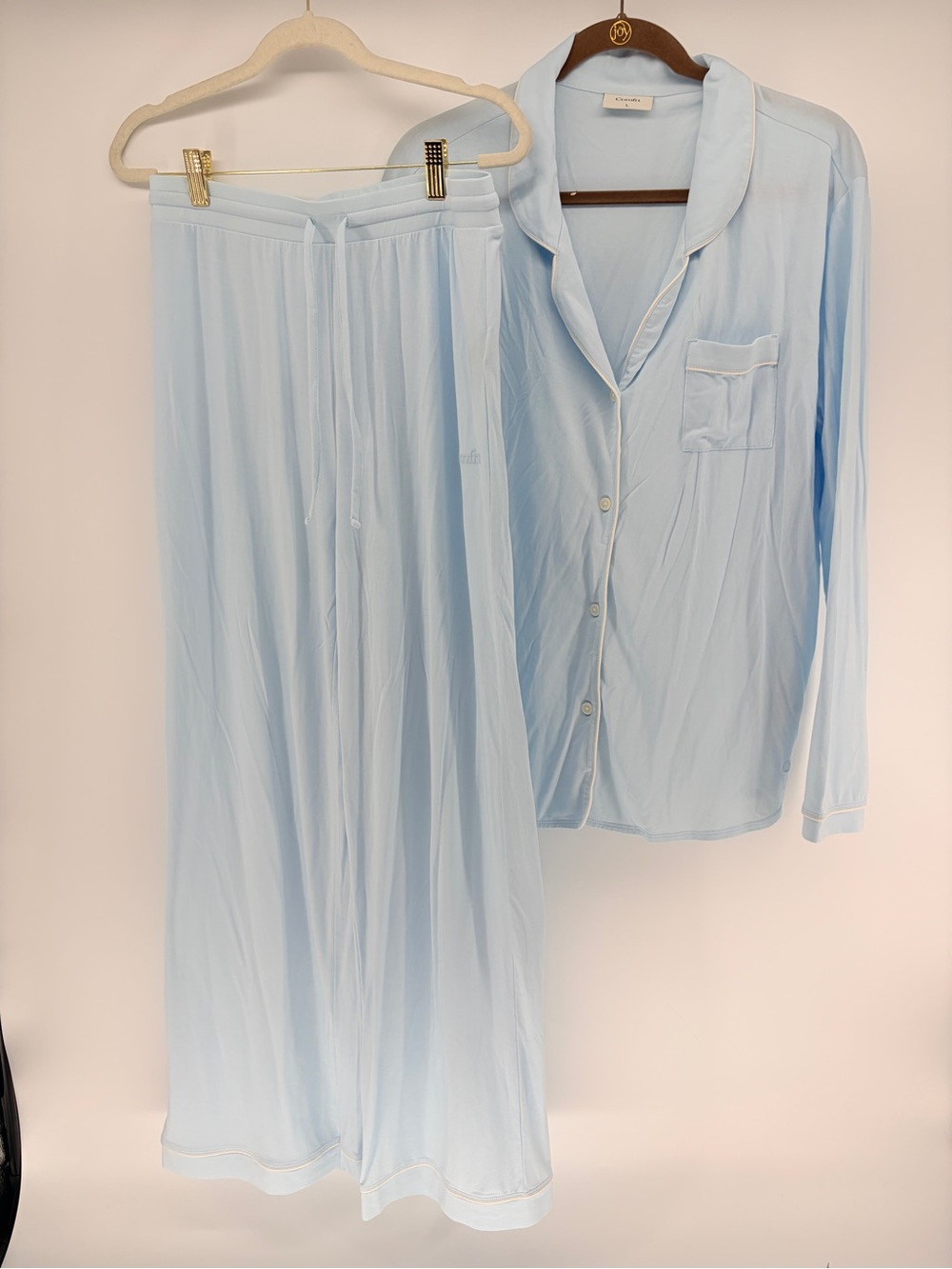 NWOT Comfrt Light Blue Pajama Set Classic Button-Up Top & Wide Leg Pants L